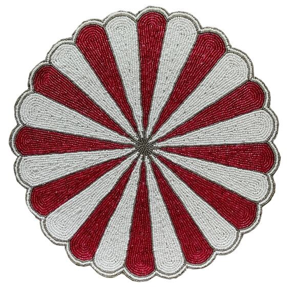 TIRAMISU Hand Beaded Placemat Charger 15in Holiday Red & White Candy Stripe NEW - Picture 1 of 12